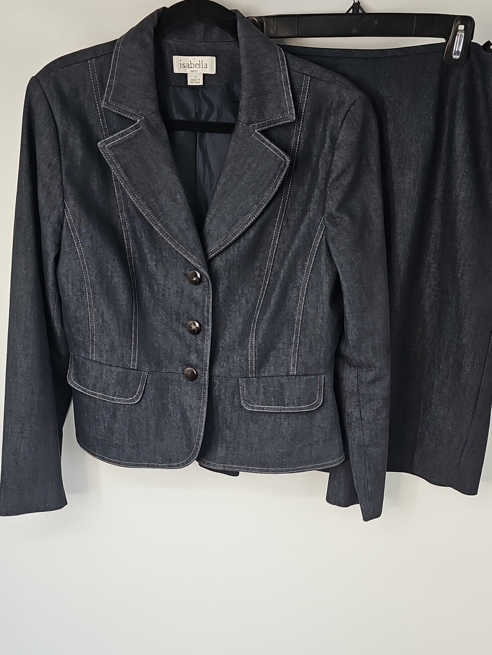 Denim Skirt Suit wWhite Stitching on Jacket Sz:12 Corporate Office Versatile